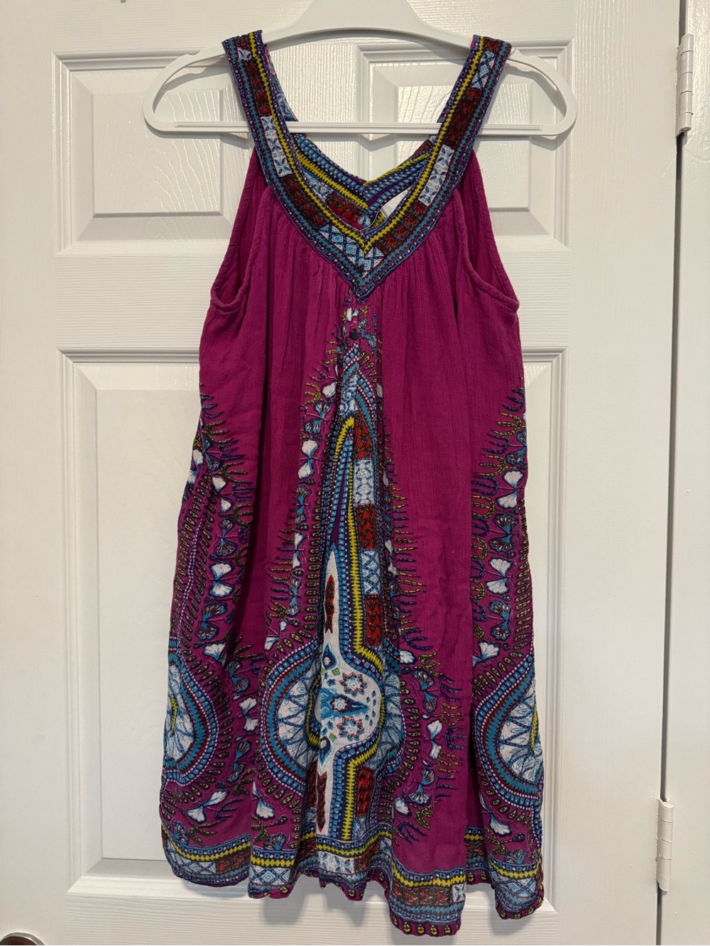 Sleeveless Magenta Printed Mini Dress with Embroidered V-Neck